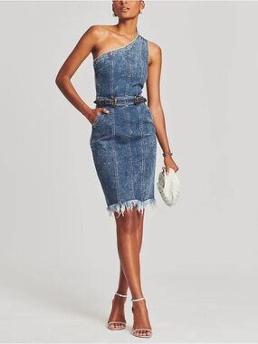 Retrofête Giorgio Denim One Shoulder Bodycon Dress Atlas Blue Raw Hem Size L